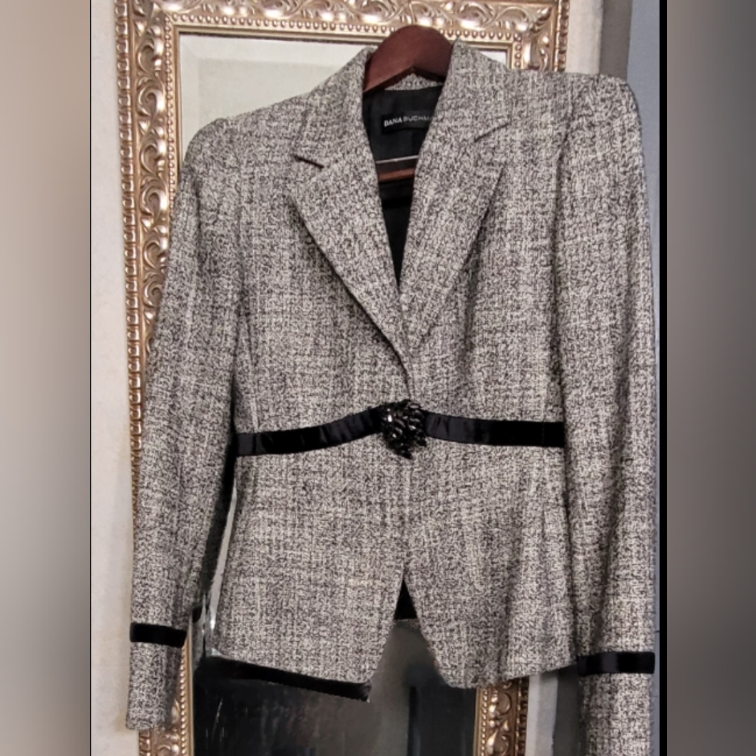 Dana Buchman Blazer, Grey With Black Velvet Trim And Jeweled Black Broach.